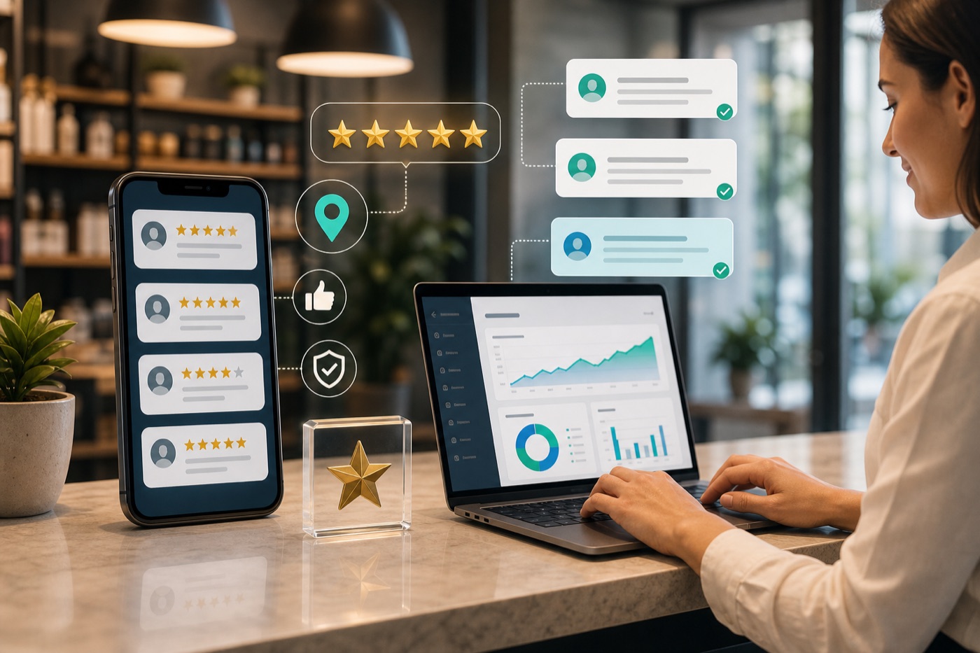 Online reputation management dashboard with customer reviews and trust signals